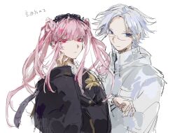 1boy 1girl aotsuki_eito black_jacket blue_eyes glasses grey_hair hand_on_own_face hoodie jacket kako-g_(hundred_line) looking_at_viewer pink_hair red_eyes the_hundred_line_-last_defense_academy- tsukumo_kako twintails white_background white_hoodie