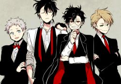 4boys black_hair brown_hair glasses grin harry_potter_(series) james_potter male_focus multiple_boys peter_pettigrew remus_lupin school_uniform short_hair sirius_black smile wizarding_world