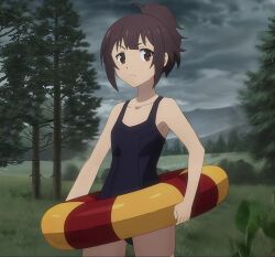 Rule 34 | 1girl, anime screenshot, brown hair, inflatable armbands, kono subarashii sekai ni shukufuku wo!, megumin, one-piece swimsuit, ponytail, red eyes, stitched, swimsuit, third-party edit