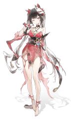 ;) absurdres ankle_bell bare_shoulders barefoot bell black_choker black_hair breasts choker cleavage commentary_request criss-cross_halter dress flower-shaped_pupils flower_tattoo fox_mask full_body gun halterneck handgun highres holding holding_gun holding_shoes holding_weapon honkai:_star_rail honkai_(series) japanese_clothes jingle_bell long_hair looking_at_viewer mark_under_both_eyes mask mask_on_head medium_breasts nail_polish obi obijime one_eye_closed red_dress red_nails revolver sandals sash shadow shoes shoulder_tattoo simple_background smile sparkle_(honkai:_star_rail) symbol-shaped_pupils tattoo toenail_polish toenails twintails unworn_shoes very_long_hair weapon white_background zombie_ke