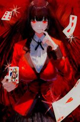 1girl black_hair blazer breasts card collared_shirt fuyumurasaki highres holding holding_card jabami_yumeko jacket kakegurui large_breasts long_hair looking_at_viewer red_eyes red_jacket red_nails red_theme shirt smile solo very_long_hair