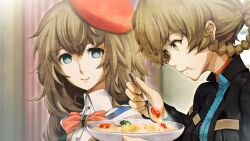 2girls amane_suzuha amane_suzuha_(beta) amane_yuki belt belt_buckle beret black_belt black_jacket blue_eyes blue_jacket blue_track_suit blurry blurry_background bow bowl braid breasts brown_hair buckle chest_bow collared_shirt cosplay costume cropped_jacket dress_vest eating food future_gadget_lab game_cg hair_rings hat high_collar highres holding holding_bowl holding_spoon huke jacket jacket_over_jacket leather leather_jacket long_sleeves medium_breasts mother_and_daughter multiple_girls non-web_source official_art porridge red_bow red_hat ringed_eyes shiny_lips shirt smile spoon steins;gate steins;gate_0 track_jacket track_suit twin_braids twintails yellow_eyes