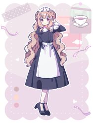 Rule 34 | 1girl, absurdres, apron, belt, black dress, commentary request, cup, dress, full body, highres, junia (madoka magica), long hair, magia record: mahou shoujo madoka magica gaiden, mahou shoujo madoka magica, maid, maid headdress, plate, red eyes, ruru (rurumagi), solo, straight-on, teacup, very long hair, waist apron, wavy hair