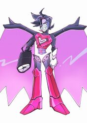 Rule 34 | 1boy, arm cannon, black hair, colored skin, glowing, glowing eye, grey skin, grin, male focus, mettaton, mettaton neo, shio tou, short hair, simple background, smile, solo, teeth, undertale, weapon, wings