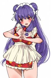 1girl absurdres apron bell bowl breasts chinese_clothes double_bun dress hair_bell hair_bun hair_ornament highres long_hair looking_at_viewer maid_headdress purple_hair ranma_1/2 red_eyes red_shoes shampoo_(ranma_1/2) shoes sidelocks solo white_apron white_aprone