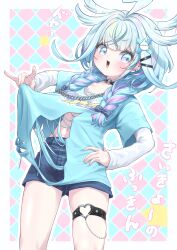 1girl absurdres black_choker blue_eyes blue_hair blue_shirt blue_shorts blunt_bangs blush braid chain checkered_background choker cowboy_shot expressive_hair hair_flaps hair_ornament hand_on_own_hip heart heart_o-ring highres hololive hololive_dev_is layered_sleeves lifting_own_clothes lightning_ahoge long_hair long_sleeves looking_at_viewer low_twin_braids low_twintails mizumiya_su multicolored_hair navel navel_peek o-ring o-ring_choker open_mouth pink_streaks shirt short_over_long_sleeves short_shorts short_sleeves shorts solo star_(symbol) streaked_hair syam_illust t-shirt thigh_strap torn_clothes torn_shirt translated twin_braids twintails virtual_youtuber x_hair_ornament