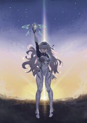 1girl absurdres black_hairband bodysuit breasts firefly_(ar-26710)_(honkai:_star_rail) firefly_(honkai:_star_rail) floating_hair grey_hair hair_between_eyes hairband henshin_pose highres honkai:_star_rail honkai_(series) long_hair looking_at_viewer medium_breasts morning multicolored_eyes official_alternate_costume pilot_suit purple_eyes redfield09 sky solo sun sunrise two-tone_eyes very_long_hair white_bodysuit