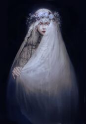 1girl absurdres black_background blue_eyes braid colored_eyelashes doll_joints dress elden_ring elden_ring_nightreign evigilatio facing_viewer flower_wreath hair_between_eyes head_wreath highres holding_cloth holding_veil jewelry joints long_hair looking_at_viewer low_twin_braids makeup pale_skin red_lips revenant_(elden_ring) see-through_clothes solo twin_braids upper_body wavy_hair white_dress white_eyelashes white_hair