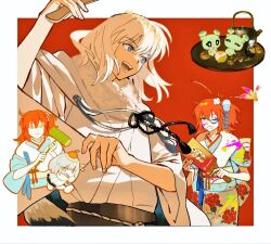 1boy 1girl ahoge blue_eyes bug butterfly chibi con_(fate) cowboy_shot cropped_torso crown facepaint fate/grand_order fate_(series) floral_print fujimaru_ritsuka_(female) fur-trimmed_kimono fur_trim hand_fan holding holding_fan holding_mallet insect japanese_clothes kettle kimono liarrrrr2 looking_at_another mallet multiple_views oberon_(fate) one_eye_closed orange_eyes orange_hair scrunchie short_sleeves side_ponytail steaming_cup tassel upper_body white_hair white_kimono wide_sleeves