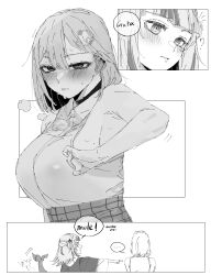2girls ? absurdres animal_costume armpit_crease armpits blonde_hair blunt_bangs blush bob_cut breasts carrot_011 detective english_text eyelashes fins fish_tail fog gawr_gura hair_ornament highres hololive hololive_english holomyth hood hoodie large_breasts looking_at_another looking_at_viewer medium_hair mole monochrome multicolored_hair multiple_girls plaid_clothes plaid_skirt shark_costume shark_girl shark_tail shirt short_hair skirt sleeveless speech_bubble streaked_hair sweat sweatdrop tail tail_wagging virtual_youtuber watson_amelia white_shirt yuri