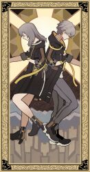 Rule 34 | 1boy, 1girl, absurdres, black boots, black coat, black gloves, boots, caelus (honkai: star rail), chain, coat, dual persona, fingerless gloves, fingernails, full body, gloves, gold chain, grey hair, grey pants, hair between eyes, hand on own chest, high heels, highres, honkai: star rail, honkai (series), hood, hooded coat, lapels, long hair, long sleeves, open clothes, open coat, orange coat, pants, shirt, short hair, stelle (honkai: star rail), sun symbol, t-shirt, tokinowa, trailblazer (honkai: star rail), two-sided coat, two-sided fabric, white shirt