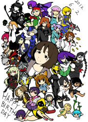 Rule 34 | 6+girls, absurdres, bioshock, bioshock (series), bioshock infinite, black hair, black necktie, black skirt, blonde hair, blue gloves, blue hair, blush stickers, bow, braid, brown eyes, brown hair, cammy white, celty sturluson, character request, closed eyes, copyright request, danganronpa (series), durarara!!, elizabeth (bioshock infinite), elizabeth (persona), english text, fukawa toko, genocider shou, gloves, green eyes, grey hair, guitar, happy birthday, highres, hit-girl, holding, holding microphone, holding scissors, instrument, kick-ass, light blue hair, microphone, multiple girls, necktie, open mouth, persona, pink hair, purple hair, purple skirt, red bow, red eyes, sailor collar, samidare satsuki, sawashiro miyuki, school uniform, scissors, skirt, street fighter, top wo nerae! (series), top wo nerae 2!, voice actor connection, yellow eyes