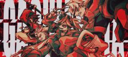1girl 3boys arm_up clenched_teeth copyright_name dynamic_pose earrings engine_(gachiakuta) from_side frown gachiakuta gloves grin highres holding holding_scissors holding_staff holding_umbrella jewelry limited_palette long_sleeves multiple_boys opposing_sides parody red_background riyou_(gachiakuta) rudo_(gachiakuta) scissors sharp_teeth short_hair smile spiked_hair staff style_parody teeth text_background tom_tom_000 twintails umbrella undercut urana_kei_(style) wide_sleeves zanka_nijik_(gachiakuta) zipper_pull_tab