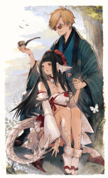 1boy 1girl aqua_kimono au_ra bandeau bare_shoulders black_hair blonde_hair blunt_bangs bow breasts detached_sleeves dragon_girl dragon_horns dragon_tail final_fantasy final_fantasy_xiv hair_bow hancock_fitzgerald highres horns hyur japanese_clothes kemomin_nosuke kimono long_hair red-tinted_eyewear red_eyes round_eyewear sandals scales skirt sunglasses tabi tail tinted_eyewear warrior_of_light_(ff14) white_bandeau white_skirt zouri