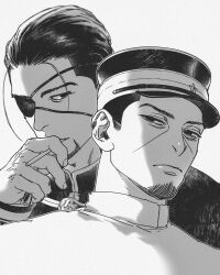 2boys arm_up cigarette closed_mouth collared_shirt commentary_request eyepatch facial_hair frown goatee golden_kamuy greyscale hair_slicked_back hat holding holding_cigarette ir_7770 looking_to_the_side male_focus monochrome multiple_boys ogata_hyakunosuke one_eye_covered peaked_cap shirt short_sideburns sideburns sideburns_stubble sideways_glance simple_background stubble tsukishima_hajime white_background