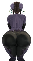 1girl absurdres arm_guards ass ass_focus back black_bodysuit bodysuit brown_hair bun_cover chinese_clothes commentary covered_shoulder_blades crow019 double_bun facing_ahead fate/grand_order fate_(series) feet_out_of_frame from_behind green_ribbon hair_bun highres huge_ass long_sidelocks median_furrow qin_liangyu_(fate) ribbon short_hair_with_long_locks sidelocks simple_background skin_tight solo thighs two-tone_bodysuit white_background white_bodysuit wide_hips