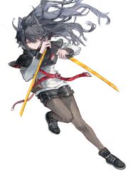 1girl animal_ears arknights black_capelet black_hair black_pantyhose black_shoes black_shorts capelet chinese_commentary chixufankunzhong closed_mouth commentary_request dual_wielding expressionless hair_over_one_eye highres holding holding_sword holding_weapon jumping knees_together_feet_apart long_hair one_eye_covered pantyhose pouch shirt shoes short_shorts shorts simple_background solo strap sword texas_(arknights) weapon white_background white_shirt wolf_ears wolf_girl yellow_eyes
