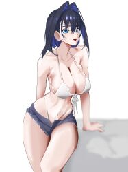1girl absurdres arm_support bikini bikini_under_shorts black_hair blue_eyes blue_hair blue_shorts breasts colored_inner_hair daaku_(koizumi_arata) denim denim_shorts hashtag-only_commentary highres hololive hololive_english large_breasts looking_at_viewer medium_hair micro_shorts multicolored_hair navel open_mouth ouro_kronii shorts solo swimsuit teeth upper_teeth_only virtual_youtuber white_background white_bikini
