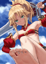1girl bandeau bare_shoulders barefoot blonde_hair blue_sky braid breasts clarent_(fate) detached_collar detached_sleeves fate/apocrypha fate/grand_order fate_(series) feet green_eyes half_up_braid highres long_hair looking_at_viewer mordred_(fate) mordred_(fate/apocrypha) parted_bangs ponytail sidelocks sky small_breasts smile soles solo sword toes tonee weapon