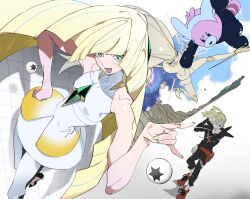 1boy 1girl absurdres bewear black_pants black_shirt blonde_hair character_request closed_eyes commentary_request dress floating_hair gen_1_pokemon gen_7_pokemon gladion_(pokemon) green_eyes green_hair hair_over_one_eye hand_on_own_face hand_on_own_hip highres himuro_yukichiko holding holding_microphone jigglypuff long_hair long_sleeves lusamine_(pokemon) microphone mother_and_son nintendo one_eye_covered pants pheromosa pokemon pokemon_(anime) pokemon_(creature) pokemon_sm pokemon_tcg pokemon_tcg_pocket red_shoes shirt shoes sleeveless sleeveless_dress ultra_beast very_long_hair white_dress wormhole
