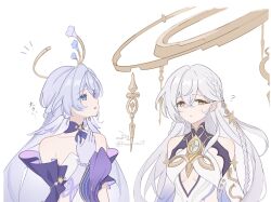 aqua_eyes bare_shoulders blue_hair braid breasts bright_pupils cleavage_cutout clothing_cutout crossover dress genshin_impact hair_between_eyes hair_ornament halo head_wings highres honkai:_star_rail honkai_(series) istaroth_(genshin_impact) long_hair open_mouth pumu_(pumu_co29) robin_(honkai:_star_rail) simple_background small_breasts star_(symbol) upper_body very_long_hair white_background white_dress white_hair white_pupils white_wings wings yellow_eyes