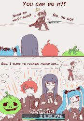 Rule 34 | 2boys, 3girls, absurdres, amemiya darumi, black boots, black bow, black hair, black pants, black skirt, blood, bloody tears, blue eyes, blue hair, blush, boots, bow, cheerleader, crossdressing, crossdressing (mtf), crossed arms, face piercing, gatling gun, glasses, highres, imagining, last defense academy school uniform, lip piercing, long hair, long sleeves, maruko gaku, mask, mask on head, multicolored hair, multiple boys, multiple girls, multiple views, oosuzuki kurara, pants, piercing, pink eyes, pleated skirt, purpple hair, red eyes, red hair, red thighhighs, shizuhara hiruko, short hair, skirt, speech bubble, sumino takumi, the hundred line -last defense academy-, thighhighs, thought bubble, tomato, twintails, upper body, white background