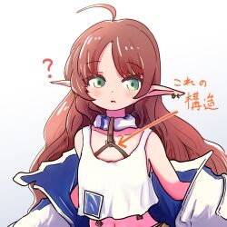 1girl ? ahoge arknights arrow_(symbol) breasts commentary_request earrings green_eyes grey_background highres jacket jewelry kiyu_es335 looking_at_viewer myrtle_(arknights) open_mouth pointy_ears red_hair shirt simple_background sleeveless sleeveless_shirt small_breasts solo translation_request white_background white_jacket white_shirt