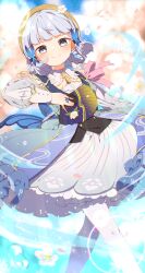 1girl absurdres aqua_dress aqua_hair ayaka_(genshin_impact) blunt_bangs blunt_sidelocks blush braid butterfly_hair_ornament butterfly_ring cherry_blossoms closed_mouth dress flower genshin_impact green_eyes hair_flower hair_ornament hand_fan highres holding holding_fan kamisato_ayaka kamisato_ayaka_(springbloom_missive) kotori_inaka long_sleeves mole mole_under_eye official_alternate_costume official_alternate_hairstyle pantyhose sidelocks smile solo white_flower white_pantyhose