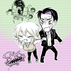 1boy 1girl :3 anglerfish animal_with_human_head asama_hirotaka black_hair body_horror business_casual dog exasperation extra_eyes fish formal_clothes horror_(theme) inubousaki_shioi leech_girl monster nikubami_honegishimi runarica0914 smile suit worm_girl