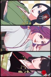 3girls black_hair black_kimono bleach blue_background blue_eyes blunt_bangs checkered_background closed_mouth facial_mark floral_print floral_print_kimono flower flower_knot green_kimono grey_background grey_eyes hair_flower hair_ornament hand_in_own_hair highres hikifune_kirio hime_cut japanese_clothes kimono multiple_girls obi open_mouth parted_bangs parted_lips print_kimono purple_eyes purple_hair sash shutara_senjumaru sidelocks smile strikek-lvvjm27 swept_bangs unohana_retsu upper_body white_kimono