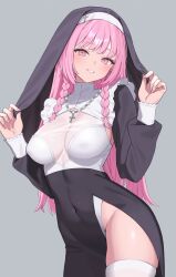 1girl black_coif black_dress blush braid breasts covered_navel cross cross_necklace dress ear_piercing fingernails grey_background grin groin hair_ribbon highres jewelry large_breasts long_hair long_sleeves looking_at_viewer necklace nun original piercing pink_eyes pink_hair ribbon see-through_clothes see-through_dress side_slit simple_background smile solo sutochan thighhighs thighs white_ribbon white_thighhighs