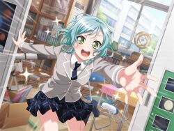 1girl :d anime_coloring aqua_hair bang_dream! black_socks blazer blue_necktie blue_skirt blush book book_stack bookshelf bow box braid calendar_(object) cardboard_box chair clubroom collared_shirt curtains desk door dress_shirt dutch_angle electric_kettle emphasis_lines folding_chair foot_out_of_frame full_moon green_eyes grey_jacket hair_bow haneoka_school_uniform hikawa_hina indoors jacket kettle kneehighs leg_up long_sleeves looking_at_viewer medium_hair moon multicolored_shoes necktie notebook official_art open_door open_hands open_mouth outstretched_arms outstretched_hand palms plaid_clothes plaid_skirt pleated_skirt poster_(object) reaching reaching_towards_viewer school school_uniform shirt shoes side_braids skirt smile socks solo sparkle spread_arms standing standing_on_one_leg striped_necktie teeth telescope twin_braids upper_teeth_only uwabaki white_shirt white_shoes window winter_uniform yellow_bow