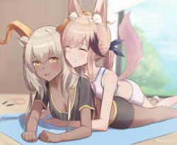 Rule 34 | 2girls, absurdres, animal ear fluff, animal ears, arknights, artist name, beeswax (arknights), black shirt, black shorts, blush, breasts, brown hair, cardigan (arknights), closed eyes, commentary, crop top, dog ears, dog girl, dog tail, english commentary, fang, goat ears, grin, highres, horns, linhcoris, long hair, lying, lying on person, medium breasts, multiple girls, on stomach, open mouth, shirt, shorts, small breasts, smile, sports bra, sweat, tail, white shorts, white sports bra, yellow eyes, yuri