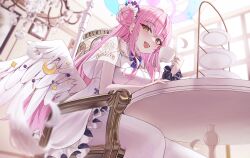 1girl :d absurdres arch_a4 blue_archive blurry breasts chair chandelier commentary cup depth_of_field dress falling_feathers feathered_wings feathers hair_between_eyes hair_bun halo highres holding holding_cup indoors long_hair looking_at_viewer low_wings mika_(blue_archive) open_mouth pantyhose pink_hair pink_halo sitting smile solo teacup tiered_tray very_long_hair white_dress white_feathers white_pantyhose white_wings wings yellow_eyes
