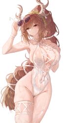 Rule 34 | 1girl, absurdres, animal ears, antlers, bare shoulders, bikini, blitz predator, blush, breasts, brown hair, center opening, cleavage, commentary, criss-cross halter, criss-cross straps, deer antlers, deer ears, deer girl, diana (trickcal), english commentary, eyes visible through hair, groin, hair between eyes, hair ornament, hair tie, halterneck, hand on own chest, hand up, highleg, highleg bikini, highres, holding, holding removed eyewear, horns, large breasts, lens flare, long hair, looking at viewer, navel, parted lips, ponytail, red eyes, sideboob, simple background, skindentation, solo, standing, sunglasses, swimsuit, thigh strap, thighs, tinted eyewear, trickcal, unworn eyewear, very long hair, white background, white bikini, wristband