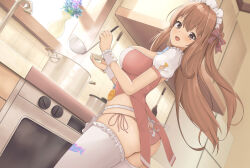 1girl ass bow breasts brown_hair cooking cooking_pot cup dress dutch_angle floating_hair frilled_thighhighs frills girls&#039;_frontline girls&#039;_frontline_2:_exilium hair_bow highres holding holding_cup holding_ladle joko_jmc k2_(girls&#039;_frontline) ladle large_breasts long_hair looking_at_viewer looking_to_the_side maid_headdress oven panties pink_dress pink_panties plant potted_plant puffy_short_sleeves puffy_sleeves red_bow short_dress short_sleeves side-tie_panties smile solo spatula standing stove striped_bow thighhighs tile_wall tiles underwear white_thighhighs wrist_cuffs yoohee_(girls&#039;_frontline_2) yoohee_(miracle_sweetheart)_(girls&#039;_frontline_2)
