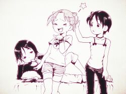aphex_twin bed camisole closed_eyes commentary_request flat_chest highres ichigo_mashimaro itou_chika itou_nobue laughing looking_at_another lying matsuoka_miu monochrome on_side one_side_up pointing rico_(maikubakaa) short_hair shorts thighhighs two_side_up