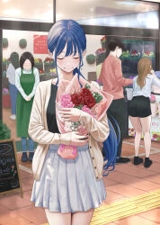 1boy 4girls absurdres black_shirt blue_hair bouquet cardigan closed_eyes closed_mouth commentary_request cowboy flower grey_skirt highres holding holding_bouquet long_hair mother&#039;s_day multiple_girls open_cardigan open_clothes original ponytail shirt skirt solo_focus western yellow_cardigan yukimaru_ai