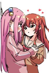 2girls blush bocchi_the_rock! bow bowtie brown_shirt closed_mouth commentary cube_hair_ornament gotoh_hitori hair_ornament haru_(konomi_150) heart highres holding_hands interlocked_fingers jacket kita_ikuyo long_hair multiple_girls one_side_up parted_lips pink_hair pink_jacket red_bow red_bowtie red_hair sailor_collar school_uniform shirt shuka_high_school_uniform simple_background track_jacket white_background white_sailor_collar yuri