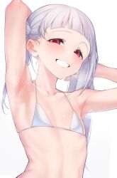 1girl :d arashi_chisato armpits arms_up bikini blunt_bangs blush collarbone double_bun ear_blush flat_chest grey_hair grin hair_bun highres long_hair love_live! love_live!_superstar!! nasuno_(nasuno42) open_mouth parted_lips red_eyes simple_background smile solo steaming_body sweat swimsuit teeth twintails upper_body white_background white_bikini