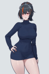 1girl absurdres ahoge black_hair blush breasts contrapposto covered_navel cowboy_shot curvy grey_background hair_between_eyes hand_on_own_hip highres impossible_clothes impossible_sweater joonibell large_breasts long_sleeves looking_at_viewer multicolored_hair orange_eyes orange_hair simple_background sleeves_past_wrists solo streaked_hair sweatdrop sweater thighs tight_clothes turtleneck turtleneck_sweater zenless_zone_zero zhu_yuan