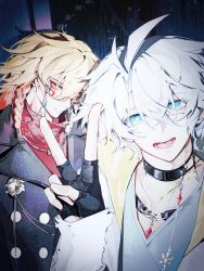 2boys blue_eyes braid bright_pupils facial_tattoo fingerless_gloves gloves grey_hair hair_between_eyes highres honkai:_star_rail honkai_(series) looking_at_viewer male_focus medium_hair multiple_boys mydei_(honkai:_star_rail) orange_eyes orange_hair phainon_(honkai:_star_rail) red_tattoo renjian85537597 short_hair tattoo v white_pupils