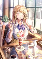 Rule 34 | 1girl, ^ ^, blonde hair, blue skirt, blush, cake, cake slice, closed eyes, closed mouth, clothes around waist, coffee, collared shirt, commentary request, cup, drinking glass, food, fork, hair bun, highres, holding, holding spoon, indoors, long hair, original, parfait, plaid clothes, plaid skirt, plant, pleated skirt, potted plant, saucer, shirt, signature, sitting, skirt, smile, solo, spoon, table, tokeshi, white shirt, window