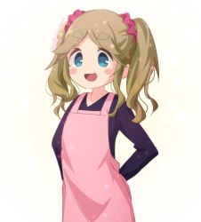 :d apron black_shirt blue_eyes blush_stickers cowboy_shot empty_eyes fang inuyama_akari light_brown_hair long_sleeves open_mouth parted_bangs pink_apron scrunchie shirt simple_background skin_fang smile solo thick_eyebrows twintails twitter_username tying_apron uta_25 white_background yurucamp