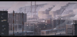 chinese_commentary cityscape commentary_request cooling_tower english_text haguruma_c highres letterboxed lights mountainous_horizon original overcast radio_tower realistic refinery scenery sky smoke snow urban utility_pole