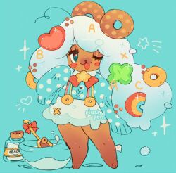 1girl ahoge aqua_background bear_girl bowl cereal commentary curly_hair deformed english_commentary furry furry_female hair_ornament highres jaltoid long_hair looking_at_viewer necktie one_eye_closed open_mouth original simple_background skirt sleeves_past_fingers sleeves_past_wrists smile star_(symbol) suspender_skirt suspenders textless_version very_long_hair white_hair