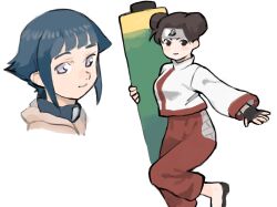 2girls black_eyes black_gloves black_hair blue_hair closed_mouth double_bun fingerless_gloves gan2 gloves hair_bun headband headband_around_neck highres holding holding_scroll hyuuga_hinata konohagakure_symbol leg_up long_sleeves multiple_girls naruto naruto_(series) naruto_shippuuden pants purple_eyes red_pants scroll short_hair simple_background tenten_(naruto) white_background