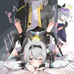 3girls @_@ ^^^ absurdres akabeko123 black_coat black_gloves bridal_gauntlets coat commentary_request dry_humping firefly_(honkai:_star_rail) gloves goggles goggles_on_head green_thighhighs grey_hair highres honkai:_star_rail honkai_(series) humping long_hair long_sleeves multiple_girls one_eye_closed open_clothes open_coat purple_eyes shirt silver_wolf_(honkai:_star_rail) spread_legs stelle_(honkai:_star_rail) tearing_up thighhighs trailblazer_(honkai:_star_rail) translation_request white_shirt yellow_eyes yuri