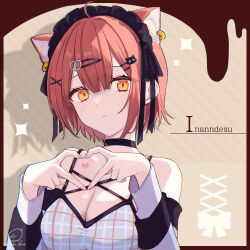 1girl four-finger_heart_hands ahoge animal_ear_fluff animal_ears artist_name black_choker black_hairband blush breasts cat_hair_ornament choker cleavage closed_mouth earrings expressionless extra_ears frilled_hairband frills hair_ornament hairband hairclip heart heart_hands highres jewelry looking_at_viewer nijisanji orange_eyes ratna_petit red_hair red_panda_ears red_panda_girl shadow shiraki_shiro short_hair solo upper_body virtual_youtuber x_hair_ornament