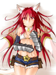 Rule 34 | 1boy, 1girl, animal ear fluff, animal ears, belt, belt buckle, belt pouch, bikini, bikini top only, blue shorts, blush, breasts, brown belt, buckle, charm (object), commentary request, cowboy shot, denim, denim shorts, dog ears, dog girl, elbow gloves, fingerless gloves, fur-trimmed shorts, fur trim, gloves, grey gloves, hair between eyes, hetero, high priest (ragnarok online), kaminagi (kaminagi-tei), long hair, looking at viewer, midriff, navel, open mouth, poporing, poring, pouch, pov, pov hands, ragnarok online, red eyes, red hair, short shorts, shorts, small breasts, solo focus, star (symbol), swimsuit, vambraces, white bikini, whitesmith (ragnarok online)